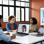 ** A diverse team collaborating on a project in a modern office. Depict brainstorming, open communication, and supportive interactions amongst members.  Include digital collaboration tools on display.

**