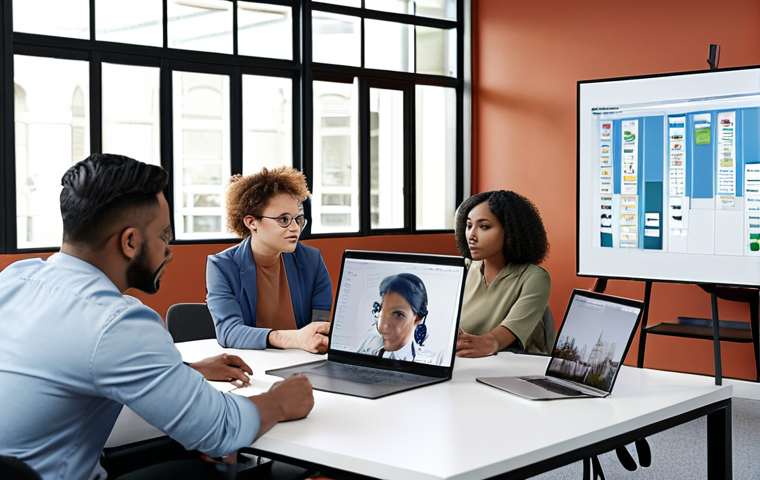 ** A diverse team collaborating on a project in a modern office. Depict brainstorming, open communication, and supportive interactions amongst members.  Include digital collaboration tools on display.

**