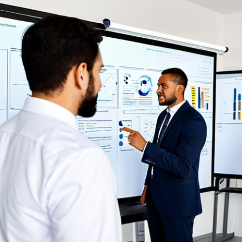 A diverse team of professionals, fully clothed in modest business attire, actively engaging in a collaborative brainstorm session around a large interactive whiteboard in a brightly lit, modern innovation lab. They are pointing at complex diagrams and data visualizations, showcasing a blend of deep expertise and broad interdisciplinary understanding. The atmosphere is dynamic and forward-thinking, emphasizing seamless teamwork and creative problem-solving. safe for work, appropriate content, fully clothed, professional, perfect anatomy, correct proportions, natural pose, well-formed hands, proper finger count, natural body proportions, high-quality studio lighting, sharp focus, professional photography.
